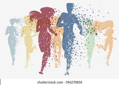 Running people. Fitness background with Silhouette of star particles. Color sport poster, print or banner. Vector illustration 