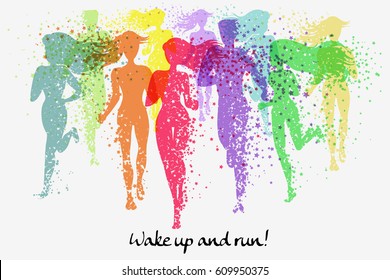 Running people. Fitness background with Silhouette of star particles. Color sport poster, print or banner. Vector illustration 