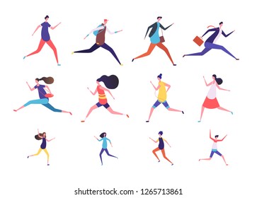 Running people. Flat man and woman, business persons and kids run. Flat vector runner jogging characters set