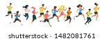 Running people flat vector illustration. Multiracial runners, athletes, sportive men and women cartoon characters. Marathon, exercise and athletics. Sport training isolated design element