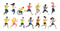Laufende Menschen Flache Vektorgrafik. Männer, Frauen, Die Marathonrennen Laufen, Junge In Rollstuhlkartoon-Figuren. Joggingsportler. Menschen, Die Sich Für Wettbewerb Entscheiden, Isoliertes Design-Element