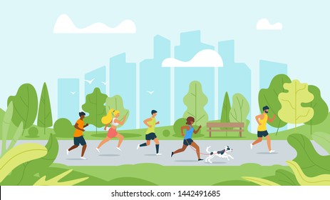 Running people flat vector illustration. Cartoon characters jogging in city park. Sport and fitness outdoor. Athletics, training for marathon. Men and women wearing sport outfit. Girl running with dog