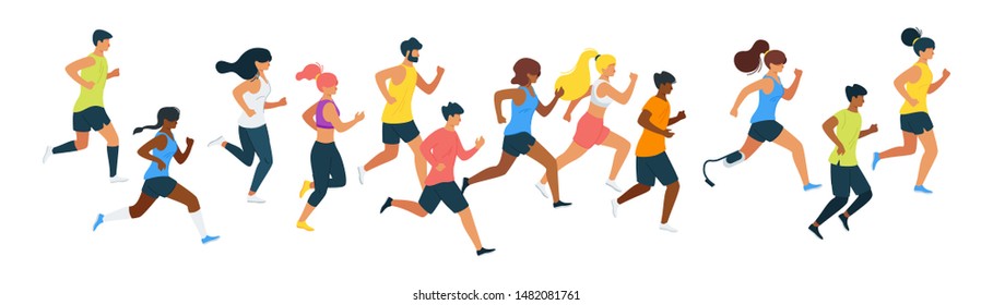 Running people flat vector illustration. Multiracial runners, athletes, sportive men and women cartoon characters. Marathon, exercise and athletics. Sport training isolated design element