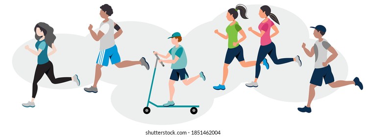 Running people flat vector illustration. Runners, athletes, sportive men and women . Marathon, exercise and athletics. Isolated design element
