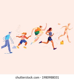 Running people flat vector illustration.athletes, sportive men and women cartoon characters. Marathon, exercise and athletics. Sport training isolated design element