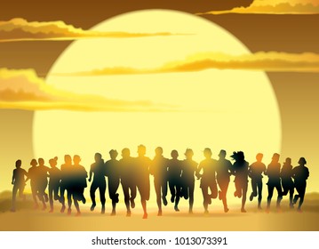 Running people. Front view of the crowd of young people running in the marathon against a sunset background. 
