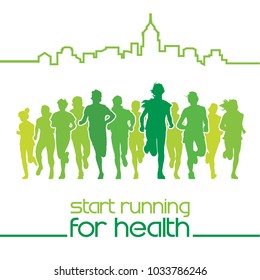 Running people. Front view of the crowd of young people running in the city marathon. 