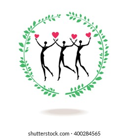 Running people and green wreath. Round emblem of a healthy lifestyle.
