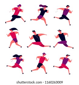 Running people group in motion. Jogging men women training outdoor. Runners prepare for sport competition marathon health running in morning. Vector illustration in cartoon style