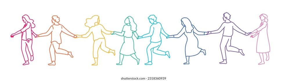 Gente corriendo tomándose de la mano. Ilustración vectorial dibujada a mano.