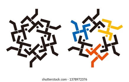 Running people icons in circular symbol. Geometrically stylized runners. Suitable for logo. Cooperation friendship symbols. Vector available.