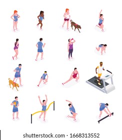 Running people icons set with active lifestyle symbols isometric isolated vector illustration