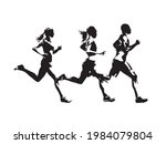Running people, isolated vector silhouette. Group of runners. Man and women. Run