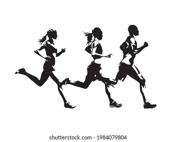 Running people, isolated vector silhouette. Group of runners. Man and women. Run