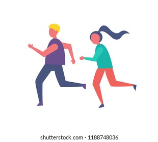 Running people, jogging couple isolated icon vector. Male and woman keeping fit and leading healthy lifestyle. Runners training exercising together