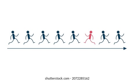 Running people. Leader among the crowd. Another opinion. Not like everyone else. Vector illustration isolated on white background. Linear art.