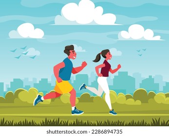 Running people. Running man. Athletes jogging. Running sport concept. Nature background with cityscape. City park on the background of the business district. Vector graphics