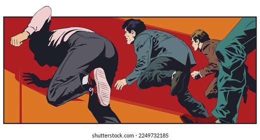 Running people. Men fleeing in panic. Stock illustration. 