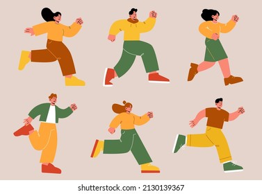 Corriendo gente, hombres y mujeres corren maratón, competencia racial, apurarse para comprar o tarde en el trabajo. Personajes masculinos y femeninos estilo de vida activo, ejercicios deportivos de trompa Ilustración vectorial de línea