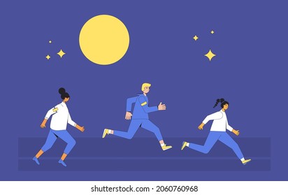 Running people at night. Differen runners, athletes, sportive characters. Participation in sports races, athletic competitions. Marathon, exercise. Joggers at a stadium track. Vector illustration.