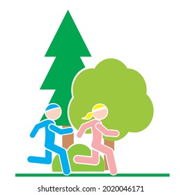 Running people in the park, park, path, silhouette, colored vector icon