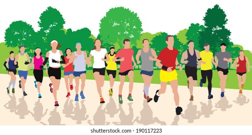 Running people in the park. Vector illustration