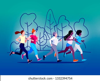 Running people. People is running in the park.Runners group in motion.Vector illustration. 