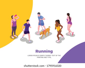 Running people poster with cardio workout symbols isometric vector illustration