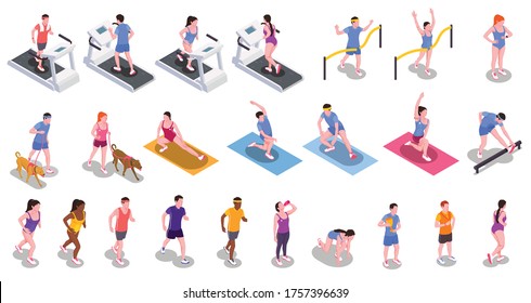 Running people set with active lifestyle and fitness symbols isometric isolated vector illustration