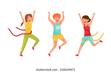 Running people set. Athletes crossing finish line cartoon vector illustration