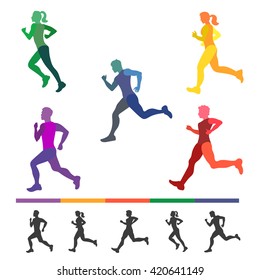 Running people set. Colorful silhouettes of runners. Running man and woman, all part of body separately. Make your own runners. Vector illustration. 