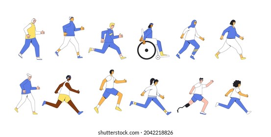 Running people set isolated on white background. Differen runners, athletes, sportive characters. Participation in sports races, athletic competitions.  Joggers. Vector illustration.