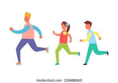 Running people set, isolated vector cartoon icon. Children jogging one after another, playing game, training exercise, sport and resting theme banner