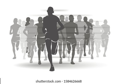 running people set of  monochrome silhouettes, sport and activity  background, competition concept