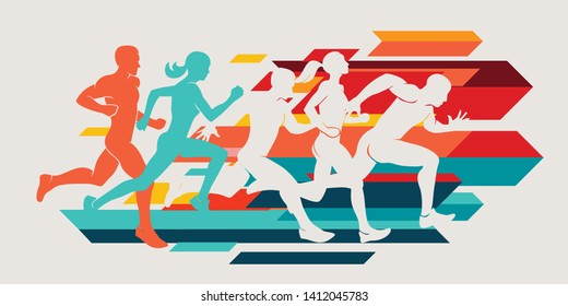 running people set of silhouettes, sport and activity  background