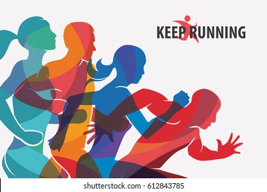 running people set of silhouettes, sport and activity  background.