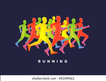 Running people set of silhouettes, sport and activity background. Running marathon, people run, colorful poster