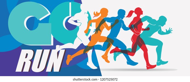 running people set of stylized silhouettes, sport and activity  background, poster template