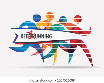 running people set of stylized silhouettes with motion effects, sport and activity  background, poster template