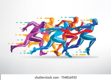 running people set of stylized silhouettes, competition and finish