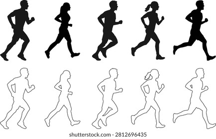 Running People Silhouettes and Outlines Vector Set of Jogging Men and Women