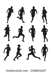 Running people silhouettes. Run concept. Men and Women jogging. Marathon race, sport and fitness design template with runners and athletes in flat style.
