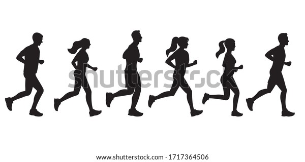 人が走る とシルエットが浮く コンセプトを実行します 男と女がジョギングをしている マラソン スポーツ フィットネスのデザインテンプレート ランナーとアスリートが平らなスタイルです ベクター イラスト のベクター画像素材 ロイヤリティフリー