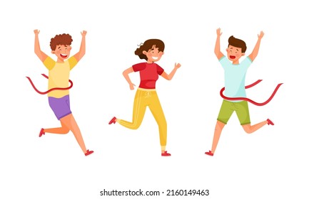 Running people taking part in sports competition set. Man and woman crossing finish line cartoon vector illustration