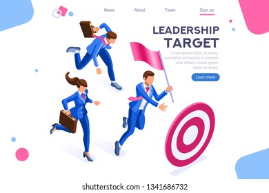 Running people, target forward. Leadership, climbing your way, job action. Can use for web banner, infographics, hero images. Flat isometric vector illustration isolated on white background