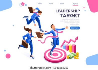 Running people, target forward. Leadership, climbing your way, job action. Can use for web banner, infographics, hero images. Flat isometric vector illustration isolated on white background