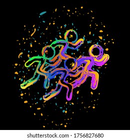 running people. team with leader. Colored ink with splashes on black background