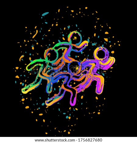 running people. team with leader. Colored ink with splashes on black background