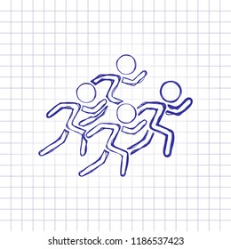 running people. team with leader. Hand drawn picture on paper sheet. Blue ink, outline sketch style. Doodle on checkered background
