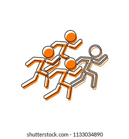 running people. team with leader. Isolated icon consisting of black thin contour and orange moved filling on different layers. White background